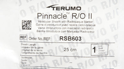 Terumo RSB603 Pinnacle R/O II Introducer Sheath 6Fr. x 25cm x 0.038inch (x)